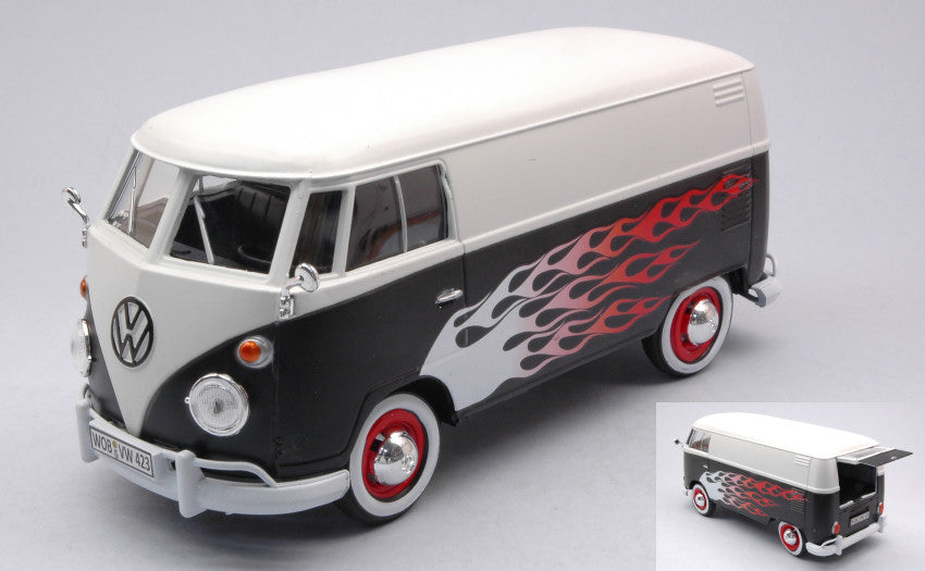 VW Type 2 (T1) Delivery Van White/black W/flames – MotorMax 1:24