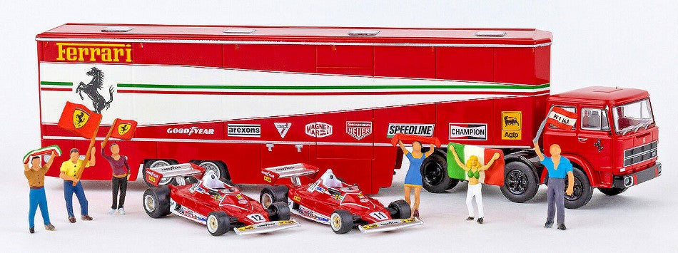 Fiat 691 T Renntransport Ferrari W/2 Ferrari 312 T2 F1 + 6 Figures – Brekina 1:87