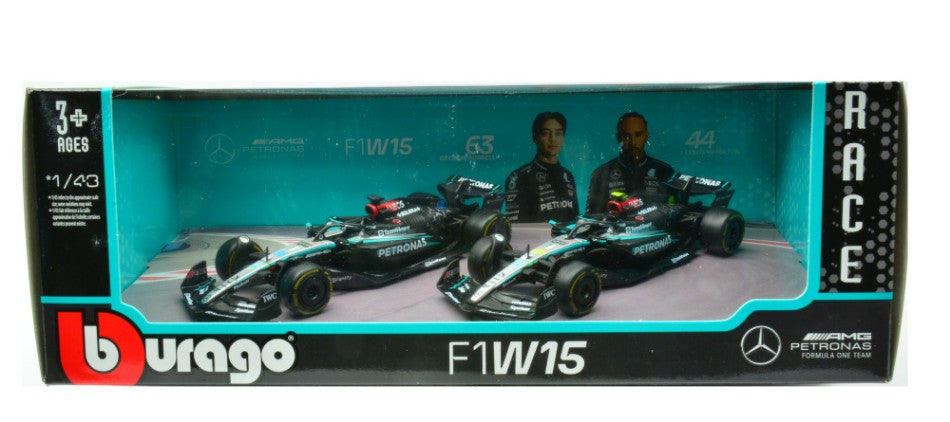 Set Mercedes F1W15 2024 N.63 George Russell + N.44 Lewis Hamilton – Burago 1:43