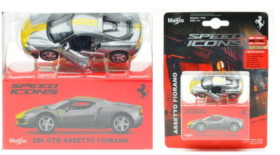 Ferrari 296Gtb Assetto Fiorano grigio/giallo Speed Icons 1:64 – Maisto