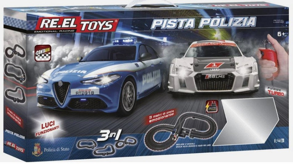 Pista A.R.GIULIA Q4 Polizia+audi R8 Lms Mt 3 C/turbo-contagiri-luci – RE.EL.Toys 1:43